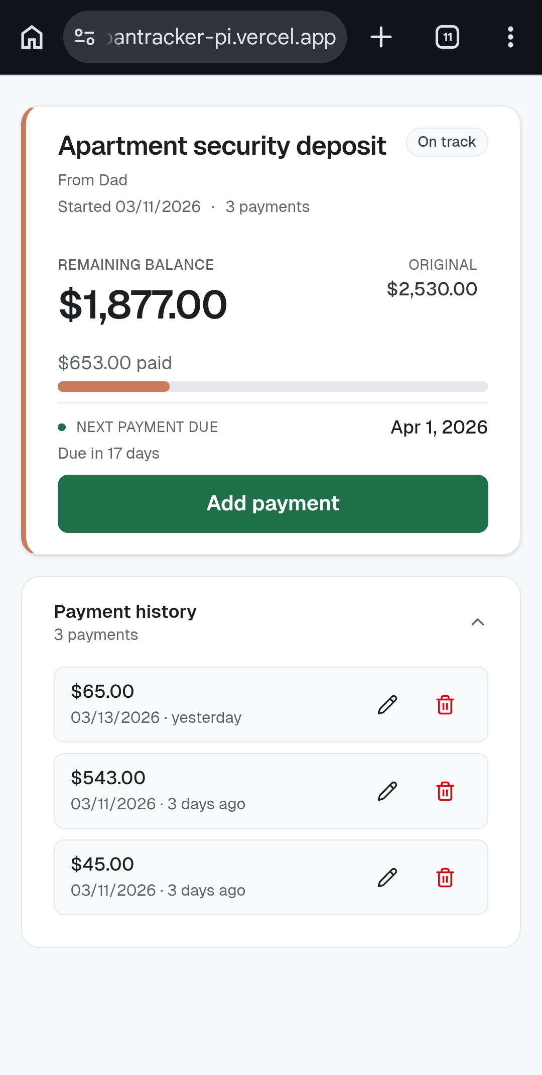 Repaya borrower payment history and progress screen