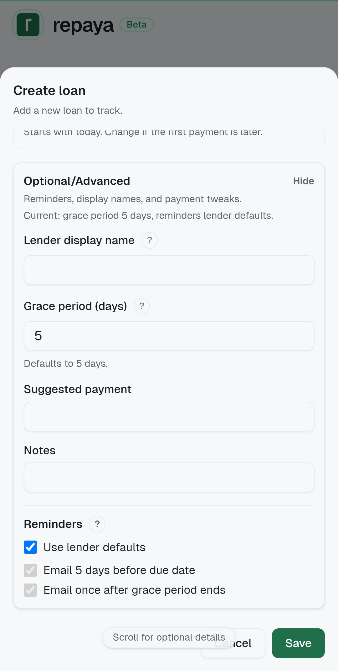 Repaya create loan advanced settings screen