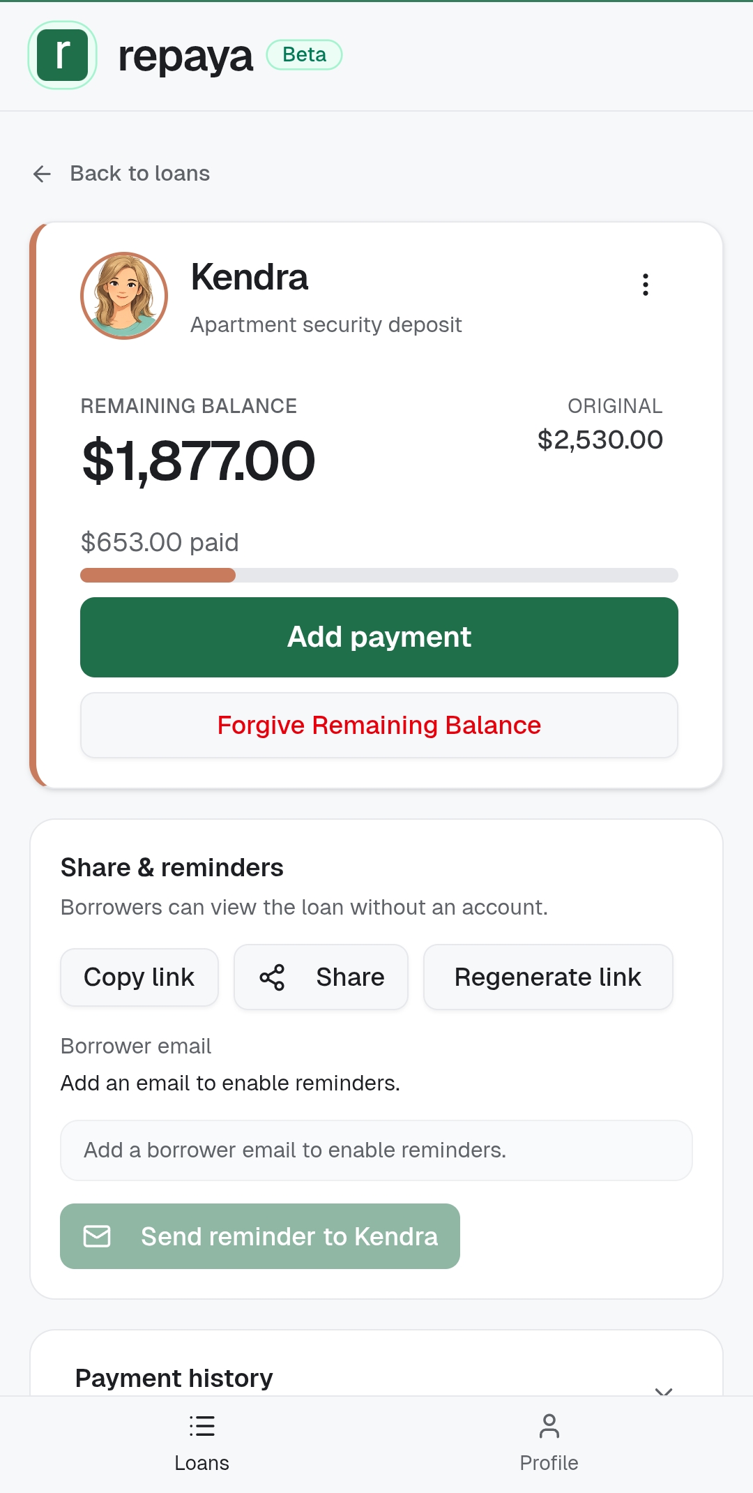 Repaya lender loan detail screen with share and reminder controls