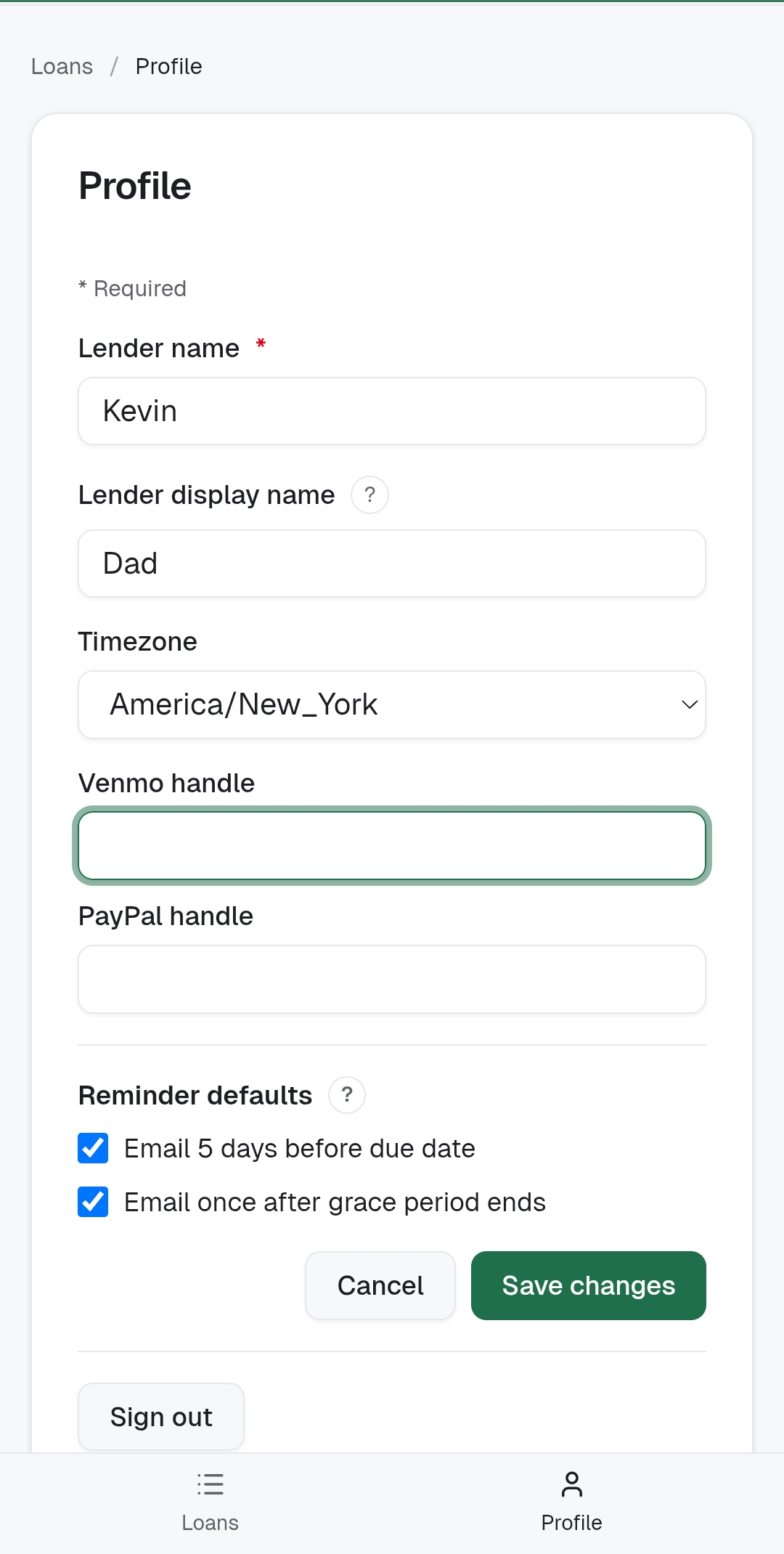 Repaya lender profile and reminder defaults screen